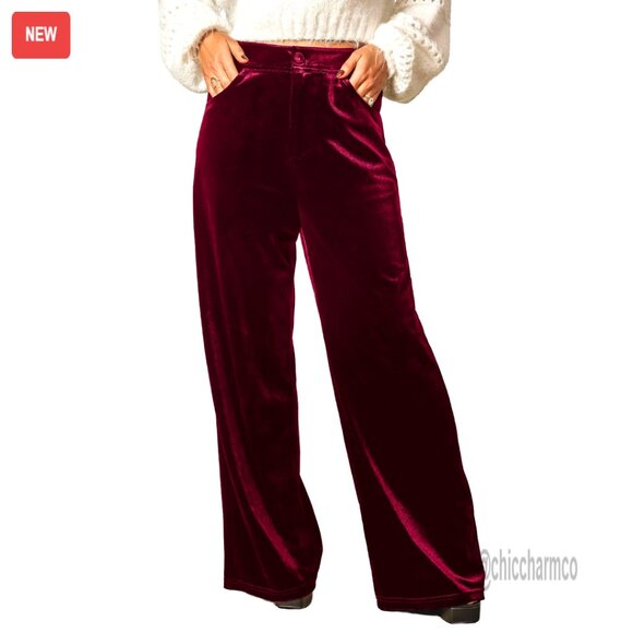 Velvet Wide Leg Palazzo Pants with Pockets for Work Casual Wear
